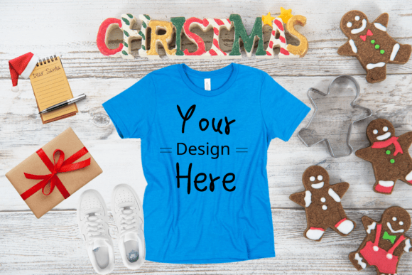 Christmas Neon Blue T-Shirt Mockup: Graphics & T-Shirts